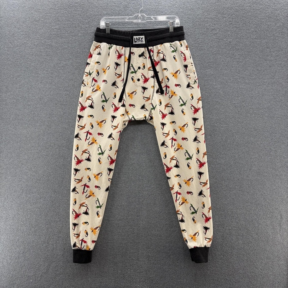 Lazy One Pajama Pants Mens Large Cream Fly Fishing Print Stretch Long Johns